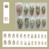 Picture of LBPEPAMZ Green Press on Nails Medium Almond Fake Nails with 3D Pearl Rhinestones Designs Gold French Tips Flower Acrylic Nails False Nails White Floral Full Cover Glossy Stick on Nails for Women 24Pcs
