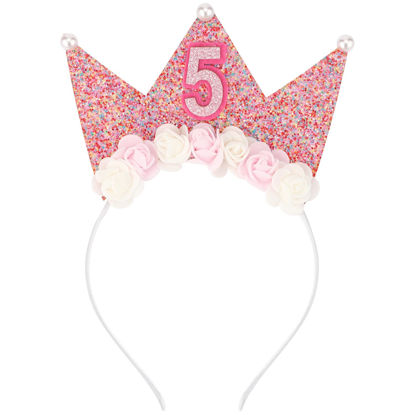 Picture of SuPoo 5th Birthday Decorations - Girl Headband, Crown, Glitter Hair Band for Party, Flower Princess Tiara Hair Accessory