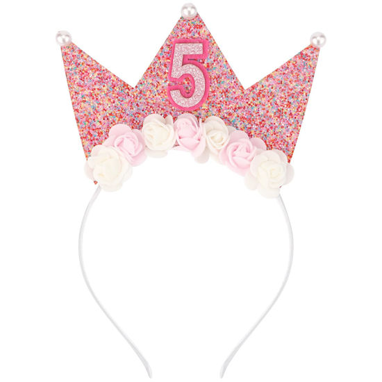 Picture of SuPoo 5th Birthday Decorations - Girl Headband, Crown, Glitter Hair Band for Party, Flower Princess Tiara Hair Accessory