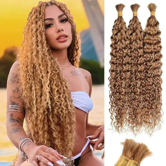 Picture of Blonde Human Braiding Hair Water Wave Bulk Human Hair 150g 20 Inch Color 27 Curly Human Hair for Boho Braids Hair Extensions No Weft 3 Braids Per Pack Wet and Wavy Human Hair Braiding Hair