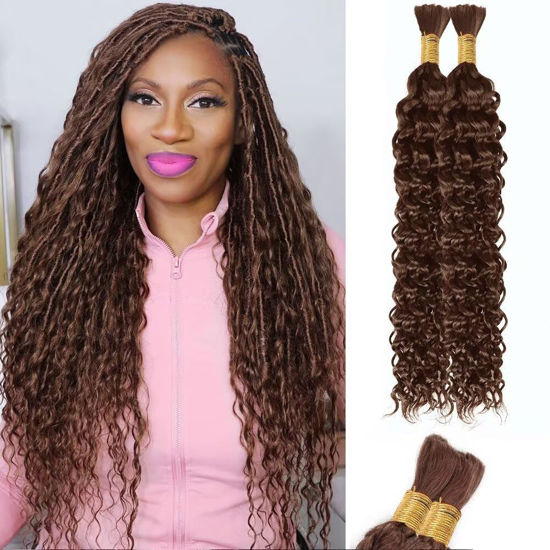 Picture of Chocolate Brown Human Braiding Hair Water Wave Bulk Human Hair 100g 24 Inch Color4 Curly Human Hair for Boho Braids Hair Extensions No Weft 2 Braids Per Pack Wet and Wavy Human Hair Braiding Hair
