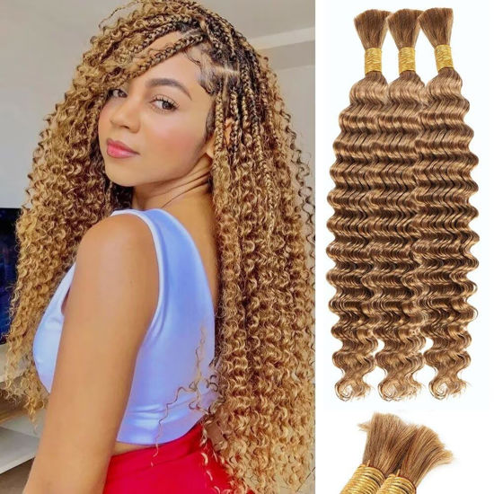 Picture of Blonde Human Braiding Hair Deep Water Wave Bulk Human Hair 150g 22 Inch Color 27 Curly Human Hair for Boho Braids Hair Extensions No Weft 3 Braids Per Pack Wet and Wavy Human Hair Braiding Hair