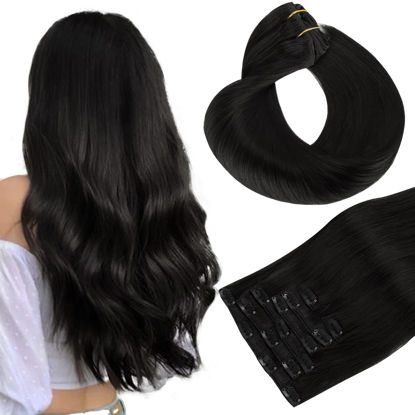 Picture of HOTBANANA Human Hair Clip in Hair Extensions, Jet Black 120g Clip in Hair Extensions Real Human Hair Straight Remy Hair Clip in Hair Extensions 24 Inch 7pcs