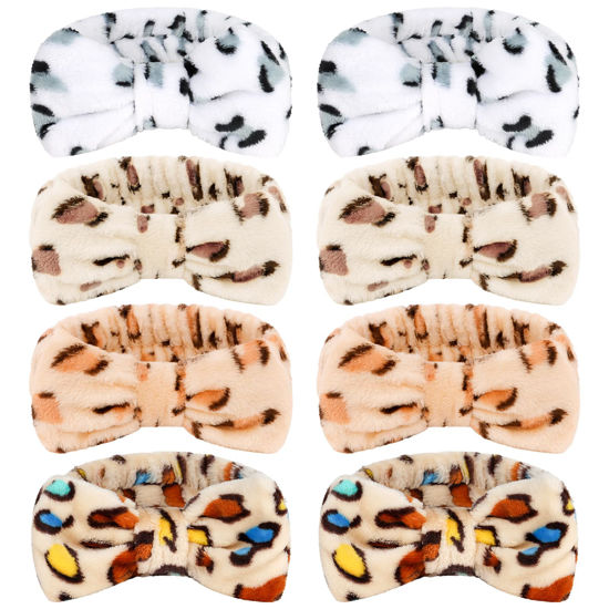Picture of Ondder Leopard Terry Cloth Spa Headbands for Skincare, Makeup, Face Washing - 8 Pcs Bow Hair Bands for Women