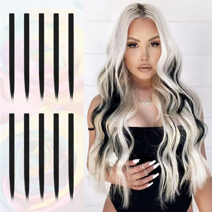 Picture of SOFEIYAN 10 Pcs Colored Hair Extensions Party Highlights Colorful Clip in Hair Extensions 22 Inch Straight Synthetic Hairpieces for Women Kids Girls Halloween Christmas Cosplay, 10pcs Black