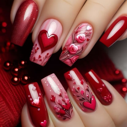 Picture of 24 Pcs Valentine's Day Press on Nails Red Heart Rose Designs Medium Coffin Shaped Fake Nails Valentines Love False Nails Full Cover Glossy Acrylic Nails Stick on Nails for Women DIY Manicure
