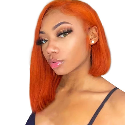Picture of Bob Orange Lace Front Wigs Human Hair Pre Plucked 13x4 Straight Frontal Wigs for Black Women Human Hair 180% Density HD Transparent Lace Wig Glueless #350 Colored Bob Wig Human Hair 12 Inch
