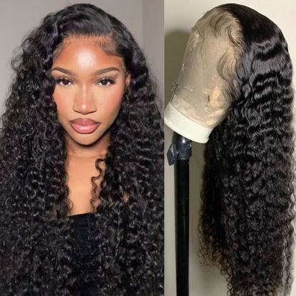 Picture of Deep Wave Lace Front Wigs Human Hair 180% Density 13x4 Deep Curly Lace Frontal Wigs Hd Transparent Lace Human Hair Wig 100% Virgin Human Hair Glueless Wig with Baby Hair Natural Black 26 Inch