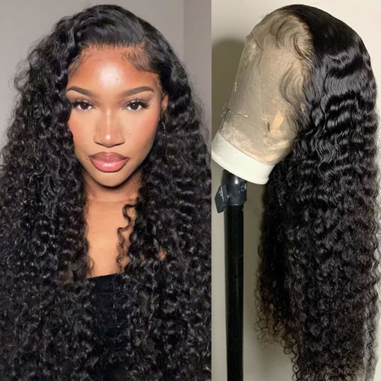 Picture of Deep Wave Lace Front Wigs Human Hair 180% Density 13x4 Deep Curly Lace Frontal Wigs Hd Transparent Lace Human Hair Wig 100% Virgin Human Hair Glueless Wig with Baby Hair Natural Black 26 Inch