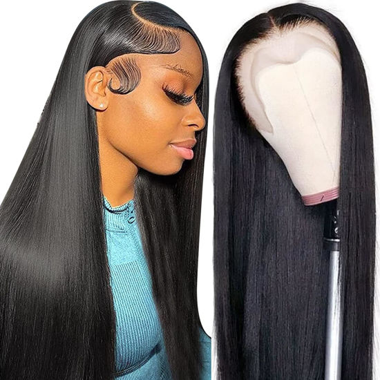 Picture of Straight Lace Front Wigs Human Hair 13x4 Transparent HD Lace Front Wigs Human Hair Pre Plucked, 180% Density Brazilian Virgin Straight Frontal Wigs Human Hair with Baby Hair for Women 30 Inch