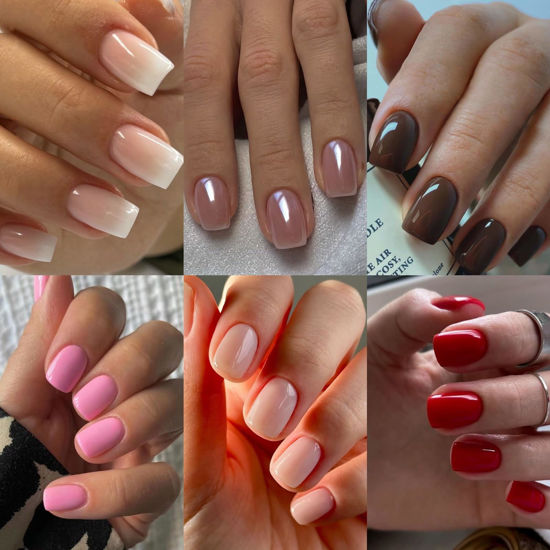 Picture of 6 Packs (144Pcs) Press on Nails Square, Short Square Press on Nails, Ombre Press on Nails Medium, Pink Fake Nails Chrome Glue on Nails Gel False Nails for Women, Stick on Nails Kit 12 Sizes-6 Styles
