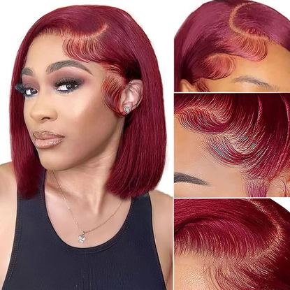 Picture of 13x4 HD 99J Burgundy Bob Lace Front Wigs Human Hair Pre Plucked Hairline Transparent Glueless Straight Bob Wigs for Black Women Human Hair with Baby Hair Replacement Wigs Bob Wine Red 14 Inch