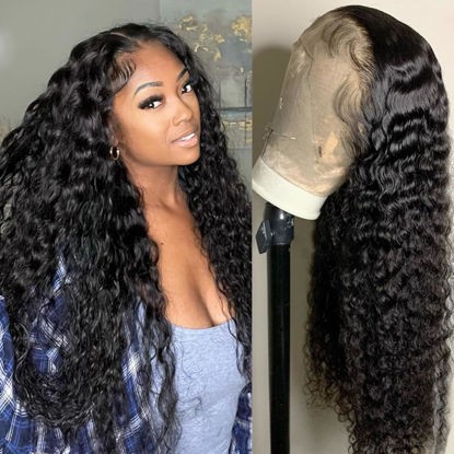 Picture of 13x4 Deep Wave Lace Front Wigs Human Hair 180% Density Deep Wave Frontal Wigs Human Hair HD Lace Curly Wigs for Black Women Pre Plucked with Baby Hair Curly Lace Front Wig Human Hair 24 Inch