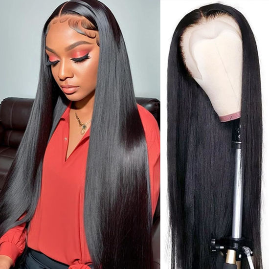Picture of 13x4 Lace Front Wigs Human Hair Pre Plucked 180% Density Straight Lace Front Wigs Human Hair HD Lace Frontal Wigs Human Hair for Women Natural Black with Baby Hair Glueless Wigs Human Hair 20 Inch
