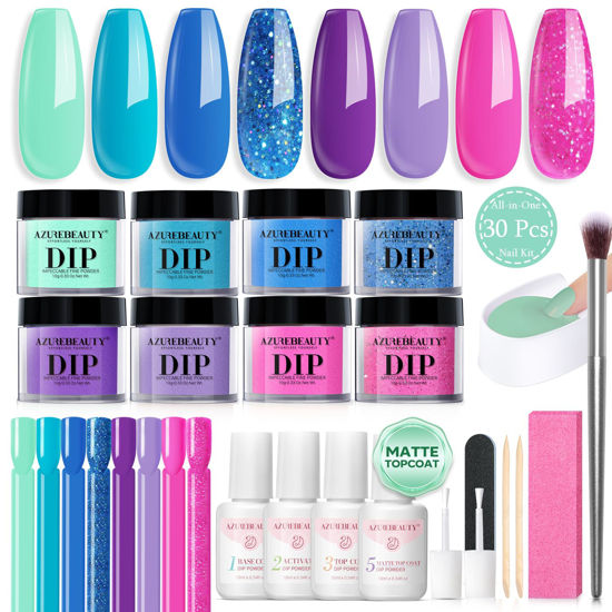 Picture of AZUREBEAUTY Dip Nail Powder Starter Kit with Matte Coat, 8 Colors Hot Pink Blue Purple Glitter Spring Dipping Powder Liquid Set with Base/Top Coat Activator 10 Nail Sticks for French Manicure