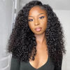 Picture of ISEE V Part Wig Human Hair Afro Curly Minimal/No Leave Out Upgrade U Part Wig for Black Women Human Hair V Shape Wig Kinky Curly Thin Part Glueless Clip In Half Wig 180% Density Natural Color 24 Inch
