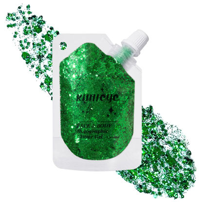 Picture of Holographic Face Glitter Gel Body Shimmer Makeup for for Hair, Face, Clavicle, Arm, Nail, Eyeshadow, Long Lasting Waterproof Party Glitter for St. Patrick's Day, 1.35oz (Grass Green #16)