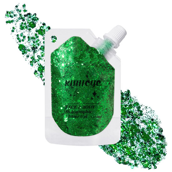 Picture of Holographic Face Glitter Gel Body Shimmer Makeup for for Hair, Face, Clavicle, Arm, Nail, Eyeshadow, Long Lasting Waterproof Party Glitter for St. Patrick's Day, 1.35oz (Grass Green #16)