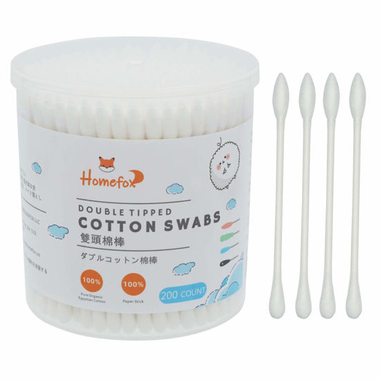 Picture of HOMEFOX Cotton Swabs Precision Pointed - 200 Count Pointy Organic Cotton Buds Double Side Tightly Wrapped Cotton Tips Paper Stick Soft Gentle Lint-Free Cruelty-Free, Pointy & Round (White)