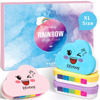 Picture of Elfinbay Rainbow Bath Bombs for Kids Girls, 4 XL Organic Kids Bath Bombs with Surprise Colors Inside, Cloud Bath Bombs for Women Relaxing, Stocking Stuffers for Kids Birthday Christmas Gifts for Girls