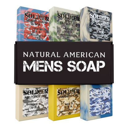 Picture of NATURAL AMERICAN Mens Organic Bar Soap, Masculine Scents, 100% Natural Soap for Men - Essential Oils, Organic Shea Butter Natural Body Soap, Natural Bar Soap for Men - SOLDIER Body Soap 5 oz (6pk)