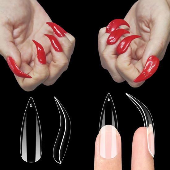 Picture of NOVO OVO Nail Tips Curved Stiletto, Clear Gel x Extension kit Full Cover to Make Press on 3D Eagle Claw nails, Thick Extra Hawk Deep Curve Almond French Tips Soft False Fake Acrylic Nail 12 Size 120pc