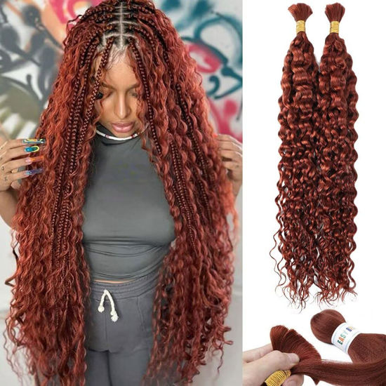 Picture of Human Braiding Hair Water Wave Bulk Human Hair 100g 22 Inch Color 350 Curly Human Hair for Boho Braids Hair Extensions No Weft 2 Braids Per Pack Wet and Wavy Human Hair Braiding Hair Dark Ginger