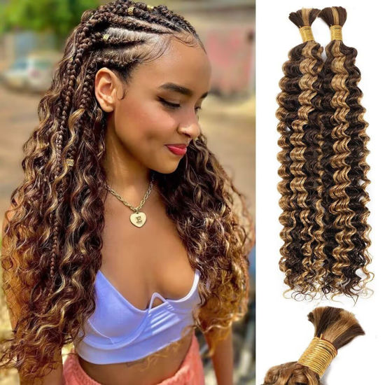 Picture of Ombre Human Braiding Hair Deep Water Wave Bulk Human Hair 100g 20 Inch P4/27 Curly Human Hair for Boho Braids Hair Extensions No Weft 2 Braids Per Pack Wet and Wavy Human Hair Braiding Hair Highlight