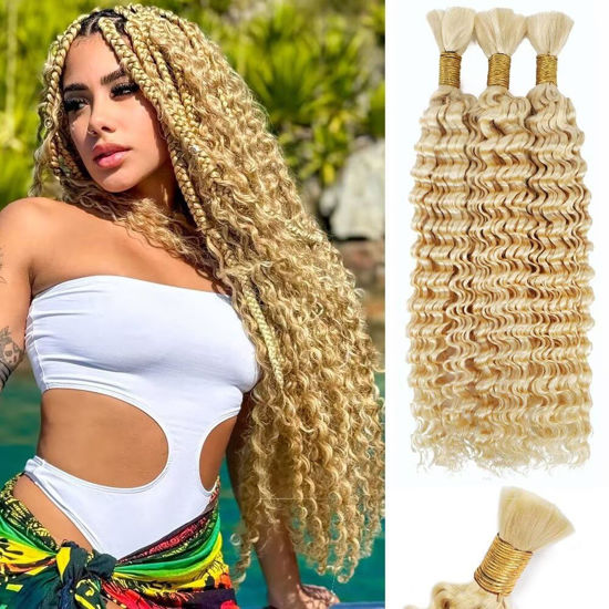 Picture of 613 Blonde Human Braiding Hair Deep Water Wave Bulk Human Hair 150g 22 Inch Curly Human Hair for Boho Braids Hair Extensions No Weft 3 Braids Per Pack Wet and Wavy Human Hair Braiding Hair