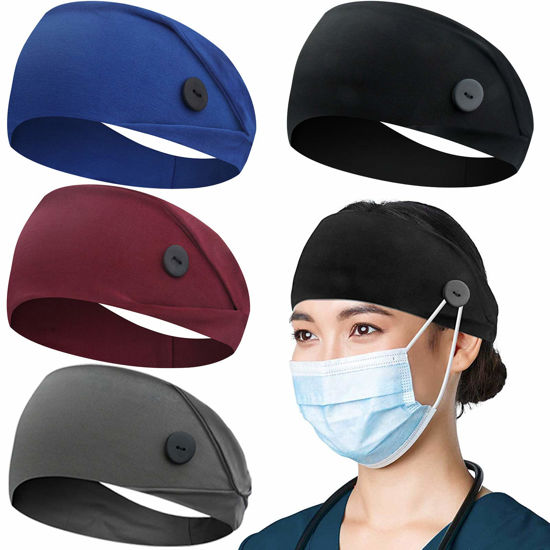 Picture of ABAMERICA Headbands with Button for Mask, Wide Nurses Headbands Non Slip Elastic Ear Protection for Women Men Doctors Sweatband Head Wrap