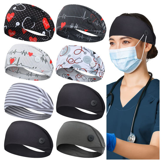 Picture of ABAMERICA Headbands with Button for Mask, Wide Nurses Headbands Non Slip Elastic Ear Protection for Women Men Doctors Sweatband Head Wrap