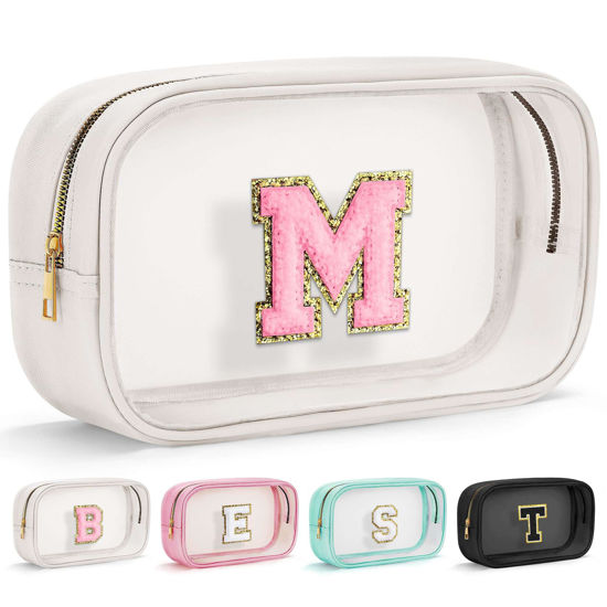 Picture of YOOLIFE Initial Make Up Bag Travel Toiletry Bag, Clear Makeup Bag Preppy Cosmetic Bag Clear Makeup Bags With Zipper Girlfriend Teacher 6 Year Old Girl Gifts Daughter Gifts Swim Gifts For Girls White M