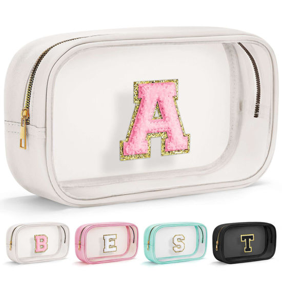 Picture of YOOLIFE Initial Make Up Bag Travel Toiletry Bag, Clear Makeup Bag Preppy Stuff Travel Essentials Pink Gifts for Women Teen Girlfriend Teacher Mom Birthday Valentines Day Gifts for Her Wife White A