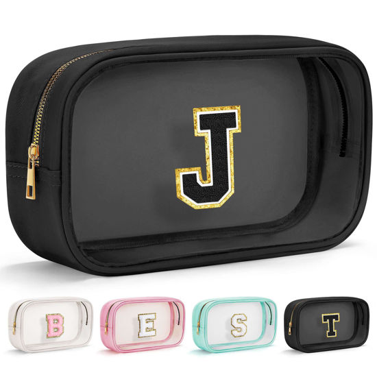 Picture of YOOLIFE Initial Travel Essentials Makeup Bag, Skin Care Clear Toiletry Bag Pouch Cosmetic Bag Case Large Makeup Bag Personalized Birthday Gifts for Women Valentines Day Gifts for Her Wife Black J