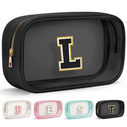 Picture of YOOLIFE Travel Make up Bag for Women, Makeup Bag Organizer Clear Toiletry Bags for Traveling Women Cosmetic Bags with Zipper Birthday Gifts for Women Teacher Mother Girlfriend Gifts Black Initial L
