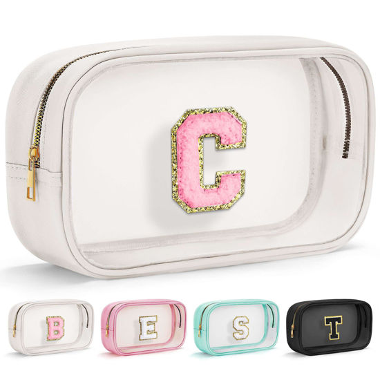 Picture of YOOLIFE Travel Clear Makeup Bag Toiletry Bag, Make up Bag Waterproof Toiletry Bags for Women Cosmetic Bag Preppy Stuff Birthday Gifts for Women Personalized White Mother Girlfriend Wife Gifts Letter C