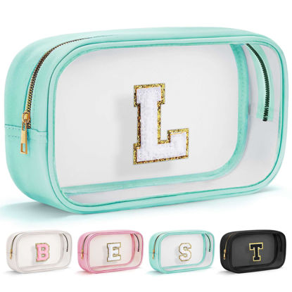 Picture of YOOLIFE Initial Make Up Bag Travel Toiletry Bag, Clear Makeup Bag Preppy Cosmetic Bags Organizer Travel Essentials Gifts for Women Teen Girlfriend Teacher Mom Birthday Mothers Day Gifts Blue L
