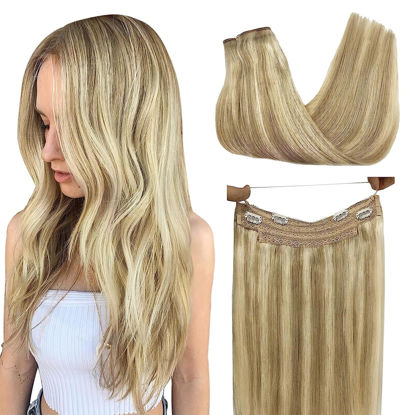 Picture of GOO GOO Wire Hair Extensions Human Hair, 16/22 Light Blondewith mix Golden Blonde Highlighted 14inch 75g, Invisible Wire Hair Extensions with Transparent, Seamless Fish Line Hairpiece