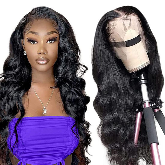 Picture of Lace Front Wigs Human Hair Body Wave For Black Women 13x4 HD Transparent Lace Frontal Wigs Pre Plucked with Baby Hair Brazilian Human Hair Wigs 100% Human Hair 180% Density Natural Color(24 Inch)