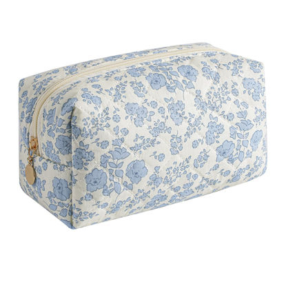 Picture of HHQQWZ Makeup Bag Travel Cosmetic Bag for Women Girls, Zipper Make Up Pouch, Floral Flowers Toiletry Organizer Makeup, Portable Storage Bag, Cosmetic Travel Cloth Bag (Blue Floral)