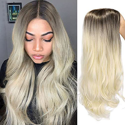 Picture of Ombre Wigs Blond Long Curly Middle Part Wig Long Wavy Hair Wigs 2 Tones Dark Roots Synthetic Daily Party Cosplay Wigs for Women Girls
