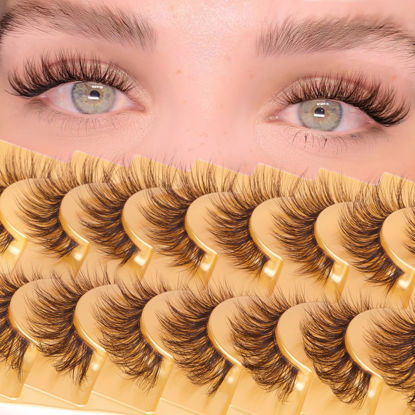 Picture of Brown Lashes Strip Natural Looking Cat Eye Lashes Brown Eyelashes Wispy Fluffy Clear Band Brown Eye Lash Pack 8 Pairs