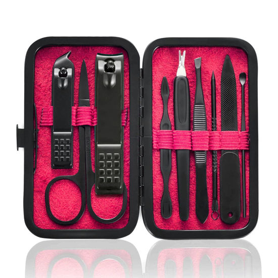 Picture of HANTEKAS Manicure Set 9 in 1 Stainless Steel, Nail Clippers Scissors Pedicure Tools Kit - Portable Travel Grooming Kit for Men and Women with Leather Case (Red-BIG Nail Clipper)