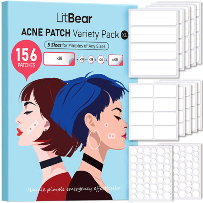 Picture of LitBear Large Pimple Patches, 5 Sizes 156 Patches Big Acne Patches, 60 XL Hydrocolloid Bandages for Full Face, Forehead, Chin, Nose, Body, Back, Neck & Chest, Stirp, Square Large hydrocolloid Patch