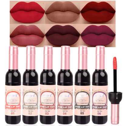 Picture of evpct 6Pcs Wine Bottle Lip Tint Stain Set Long Lasting Lipstick 24 hour Waterproof for Women, Ruby Dark Deep Rose Red Plum Purple Brown Matte Magic Lipstick 24 Hours Lipstick Lip Liner Stain Peel off