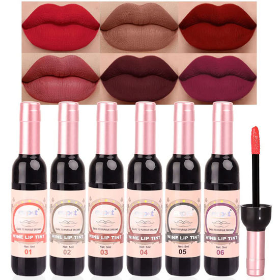 Picture of evpct 6Pcs Wine Bottle Lip Tint Stain Set Long Lasting Lipstick 24 hour Waterproof for Women, Ruby Dark Deep Rose Red Plum Purple Brown Matte Magic Lipstick 24 Hours Lipstick Lip Liner Stain Peel off
