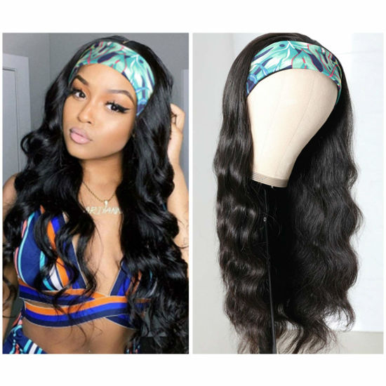 Picture of Headband Wig Human Hair Body Wave Headband Wigs for Black Women Non Lace Front Human Hair Headband Wig Brazilian Virgin Hair Wear and Go Guleless Wigs Natural Color (12" Headband Wigs)