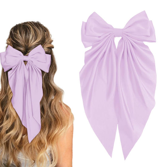 Picture of Large Bow Hair Clips with Long Tails - Ribbon Bowknot Pins Accessories for Women, Party Gifts for Girls (Purple)