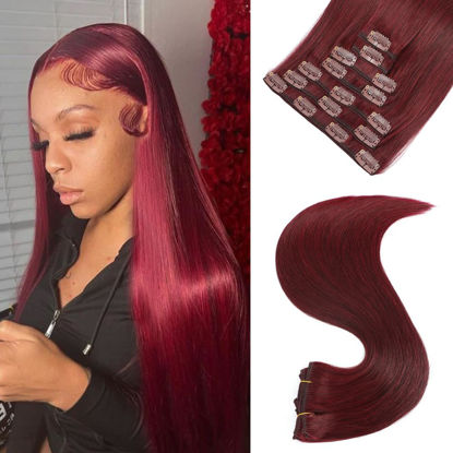 Picture of #99J Burgundy Red Clip ins Human Hair Extensions Clip In Human Hair 8pcs Hair Dark Red Brazilian Virgin Hair Double Weft Clip In Extensions 70g/pack Clip In Hair Extensions Human Hair 18inch