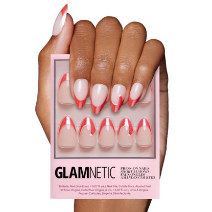 Picture of Glamnetic Press On Nails - Mrs. Claus | Semi-Transparent Red French Tip Santa Hat Short Almond False Nails, Reusable Stick On Fake Nails with Glue | Salon Quality | 15 Sizes - 30 Nail Kit